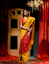 Red With Yellow Dupion Silk Banarasi Saree With Jacquard Weave Floral Body And Beautiful Border