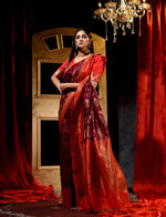 Maroon With Red Dupion Silk Banarasi Saree With Jacquard Weave Floral Body And Beautiful Border