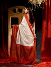 Off-White With Red Dupion Silk Banarasi Saree With Jacquard Weave Floral Body And Beautiful Border