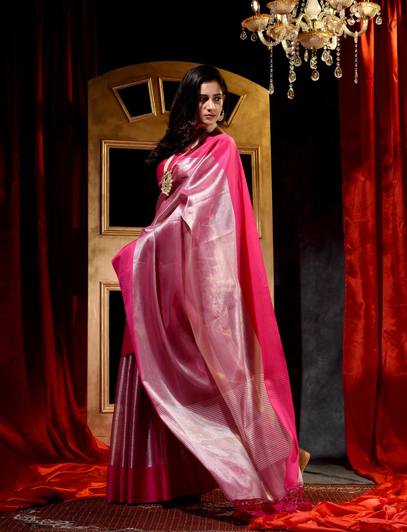 Pink with Rani Tissue Silk Solid Woven Saree With Tassles At Pallu