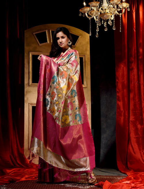 Handloom Golden with Rani Tissue Silk Saree With Beautiful Tilfi Floral Weave Pattern