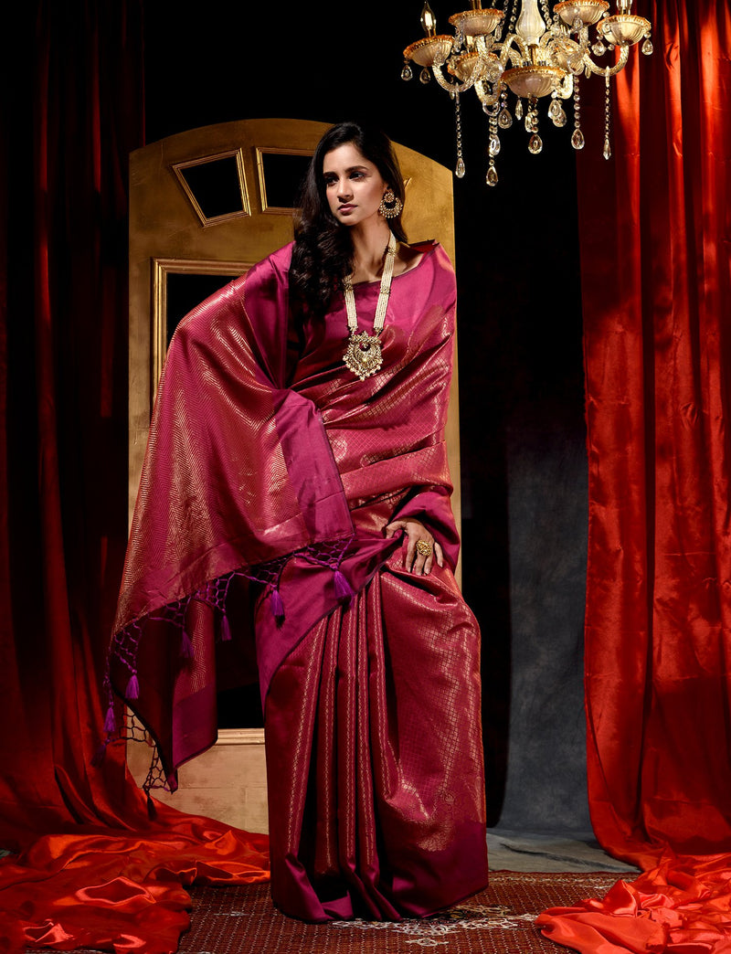 Rani Pink With Antique Zari Woven All Over Jacquard Weave Pattern Saree With Rich Brocade Pallu And Blouse And Knitted Tassle At Pallu