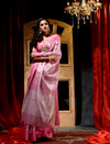 Pink with Rani Tissue Silk Solid Woven Saree With Tassles At Pallu