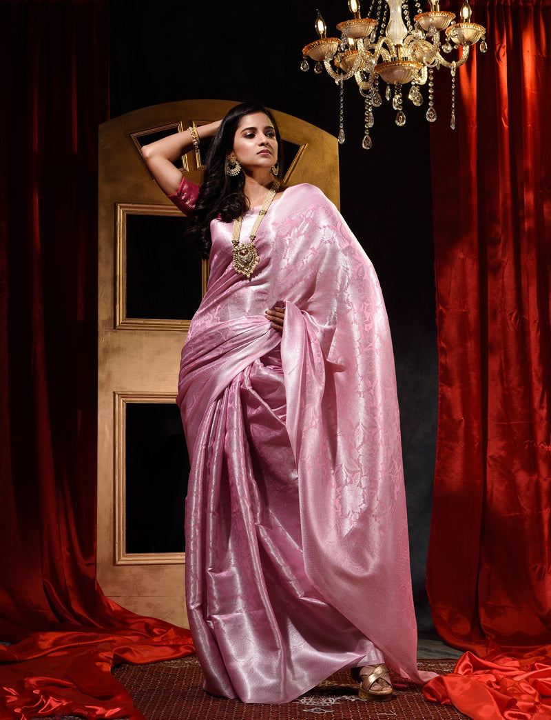 Pink with Silver Pattu Silk Saree with All Over Beauthful Floral Jacquard Weave Design