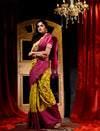 Yellow With Magenta Dupion Silk Banarasi Saree With Jacquard Weave Floral Body And Beautiful Border