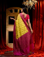 Yellow With Magenta Dupion Silk Banarasi Saree With Jacquard Weave Floral Body And Beautiful Border