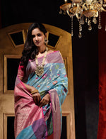 Handwoven Firozi Shade With Tilfi Meena Weave Cotton Silk Saree And Beautiful Jacquard Weave Floral Design Body And Zari Weave Pallu And Border
