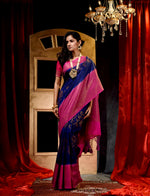Navy Blue With Pink  Dupion Silk Banarasi Saree With Jacquard Weave Floral Body And Beautiful Border