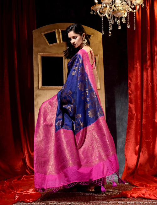 Navy Blue With Pink  Dupion Silk Banarasi Saree With Jacquard Weave Floral Body And Beautiful Border