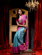 Firozi With Pink Dupion Silk Banarasi Saree With Jacquard Weave Floral Body And Beautiful Border