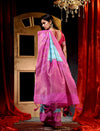 Firozi With Pink Dupion Silk Banarasi Saree With Jacquard Weave Floral Body And Beautiful Border
