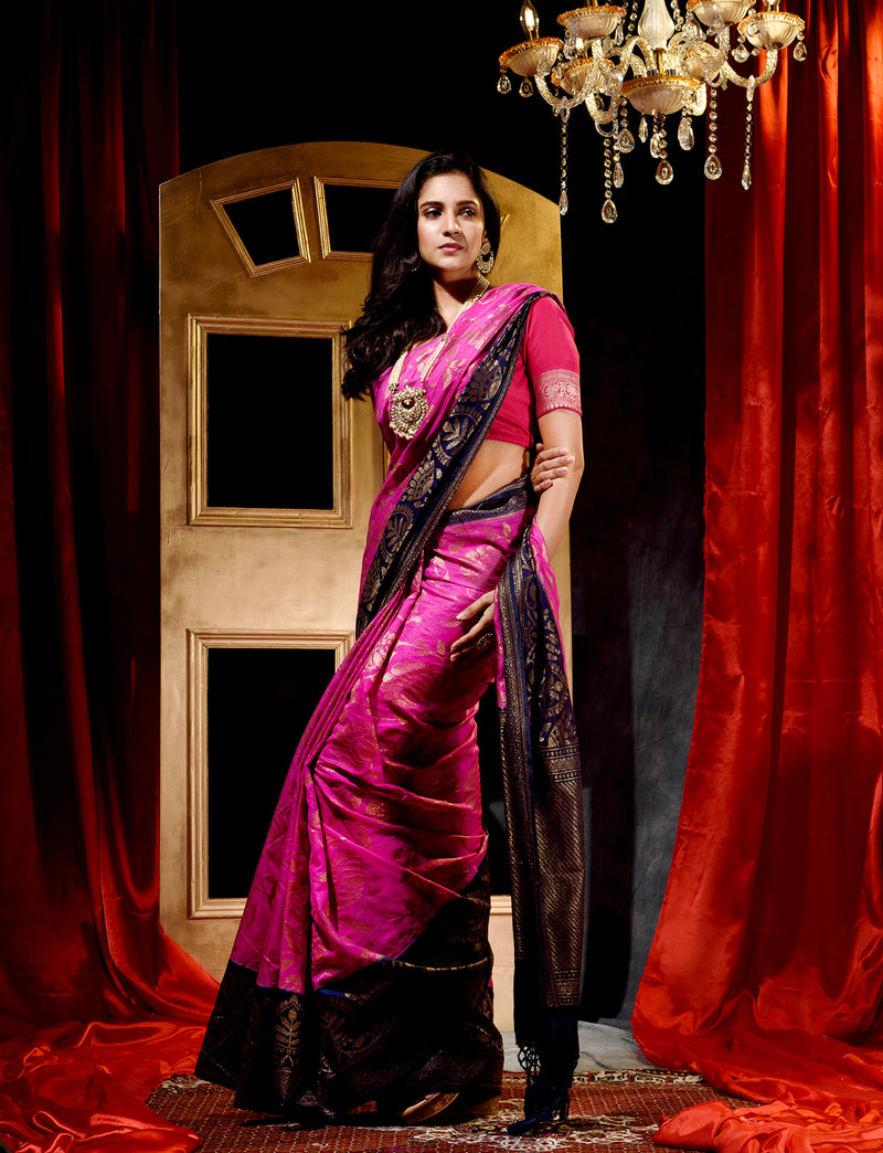 Rani With Navy Blue Dupion Silk Banarasi Saree With Jacquard Weave Floral Body And Beautiful Border