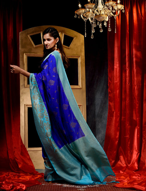 Royal Blue With Firozi Dupion Silk Banarasi Saree With Jacquard Weave Floral Body And Beautiful Border