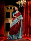 Maroon With Aqua Blue Dupion Silk Banarasi Saree With Jacquard Weave Floral Body And Beautiful Border