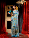Handwoven Firozi Shade With Tilfi Meena Weave Cotton Silk Saree And Beautiful Jacquard Weave Floral Design Body And Zari Weave Pallu And Border