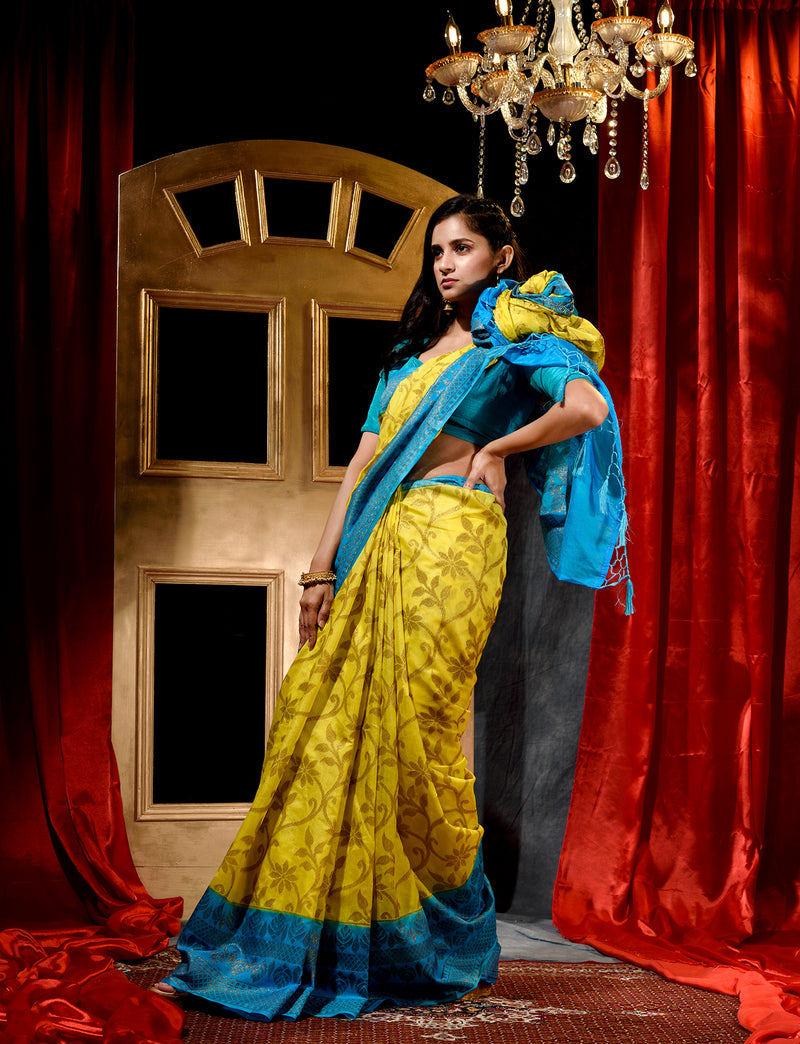 Yellow With Firozi Dupion Silk Banarasi Saree With Jacquard Weave Floral Body And Beautiful Border