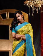 Yellow With Firozi Dupion Silk Banarasi Saree With Jacquard Weave Floral Body And Beautiful Border