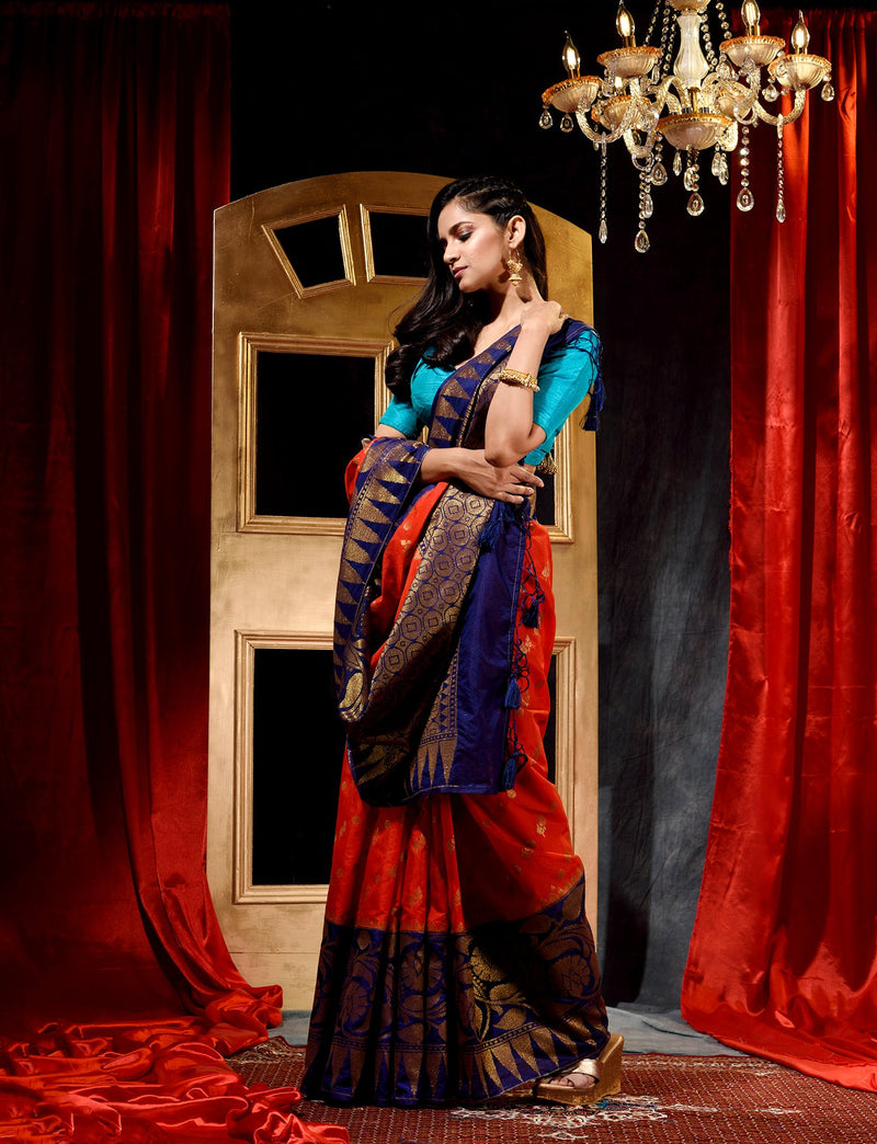 Red With Navy Blue Dupion Silk Banarasi Saree With Jacquard Weave Floral Body And Beautiful Border