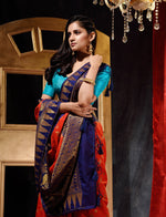 Red With Navy Blue Dupion Silk Banarasi Saree With Jacquard Weave Floral Body And Beautiful Border