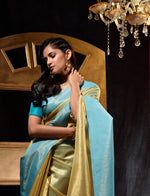 Metallic Golden With Sky Blue Border Tissue Silk Solid Weave Saree And Contrast Pallu
