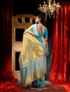 Metallic Golden With Sky Blue Border Tissue Silk Solid Weave Saree And Contrast Pallu