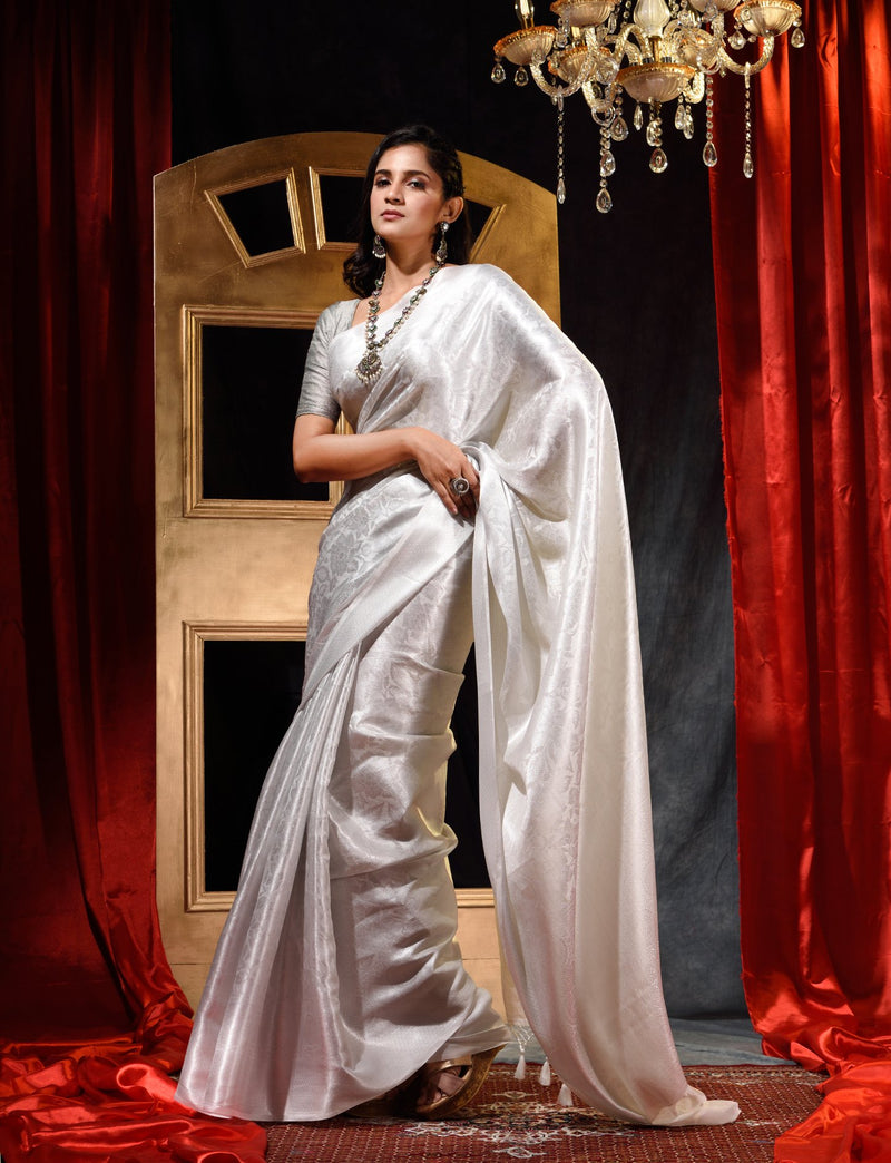 White with Silver Pattu Silk Saree with All Over Beautiful Floral Jacquard Weave Design