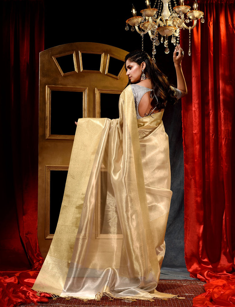 Metallic Golden With Gold Border Tissue Silk Solid Weave Saree And Contrast Pallu