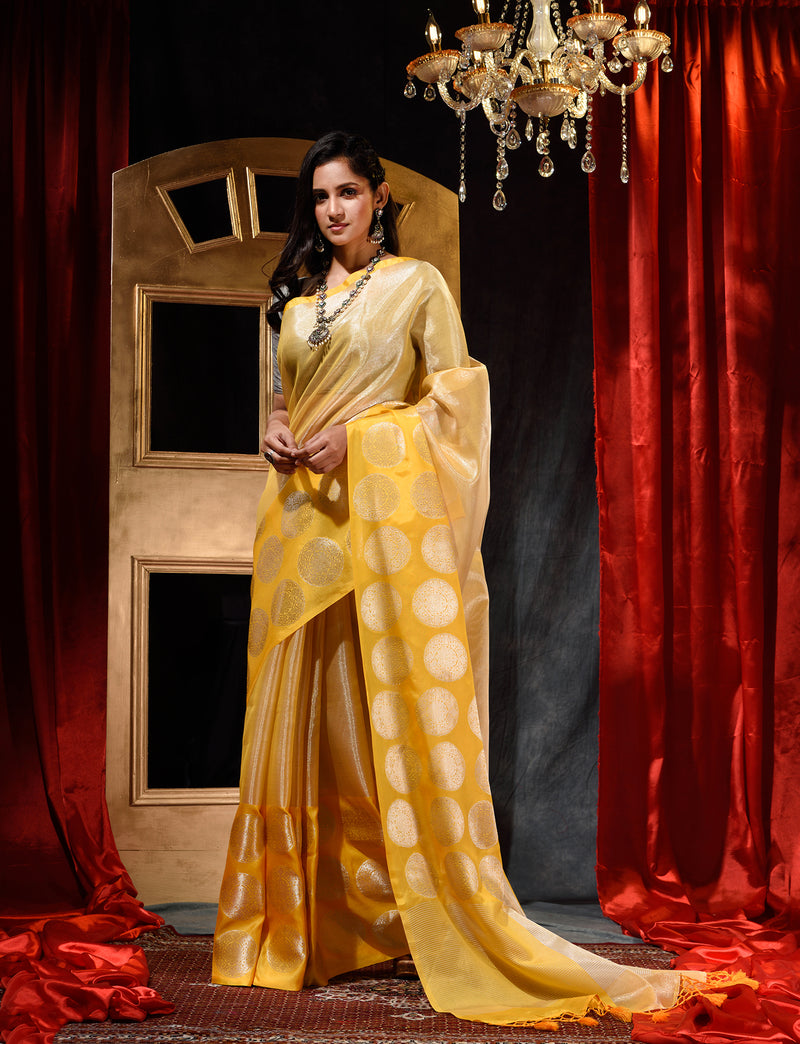 Yellow With Silver Tissue Silk Banarasi Saree And Silver Zari Woven Jacquard Chakra Buti In Border