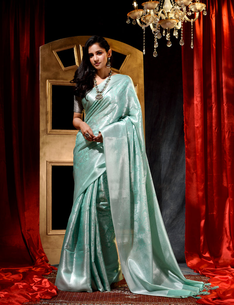 Sea Green with Silver Pattu Silk Saree with All Over Beauthful Floral Jacquard Weave Design