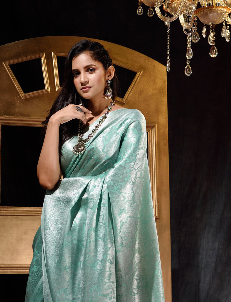 Sea Green with Silver Pattu Silk Saree with All Over Beauthful Floral Jacquard Weave Design