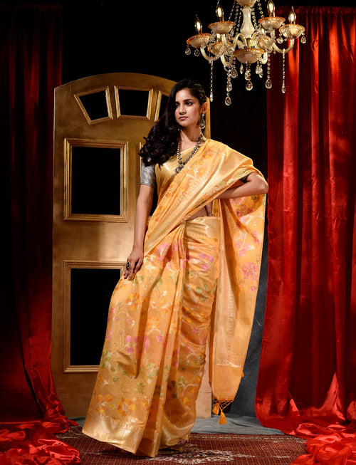 Handwoven Orange Shade With Tilfi Meena Weave Cotton Silk Saree And Beautiful Jacquard Weave Floral Design Body And Zari Weave Pallu And Border