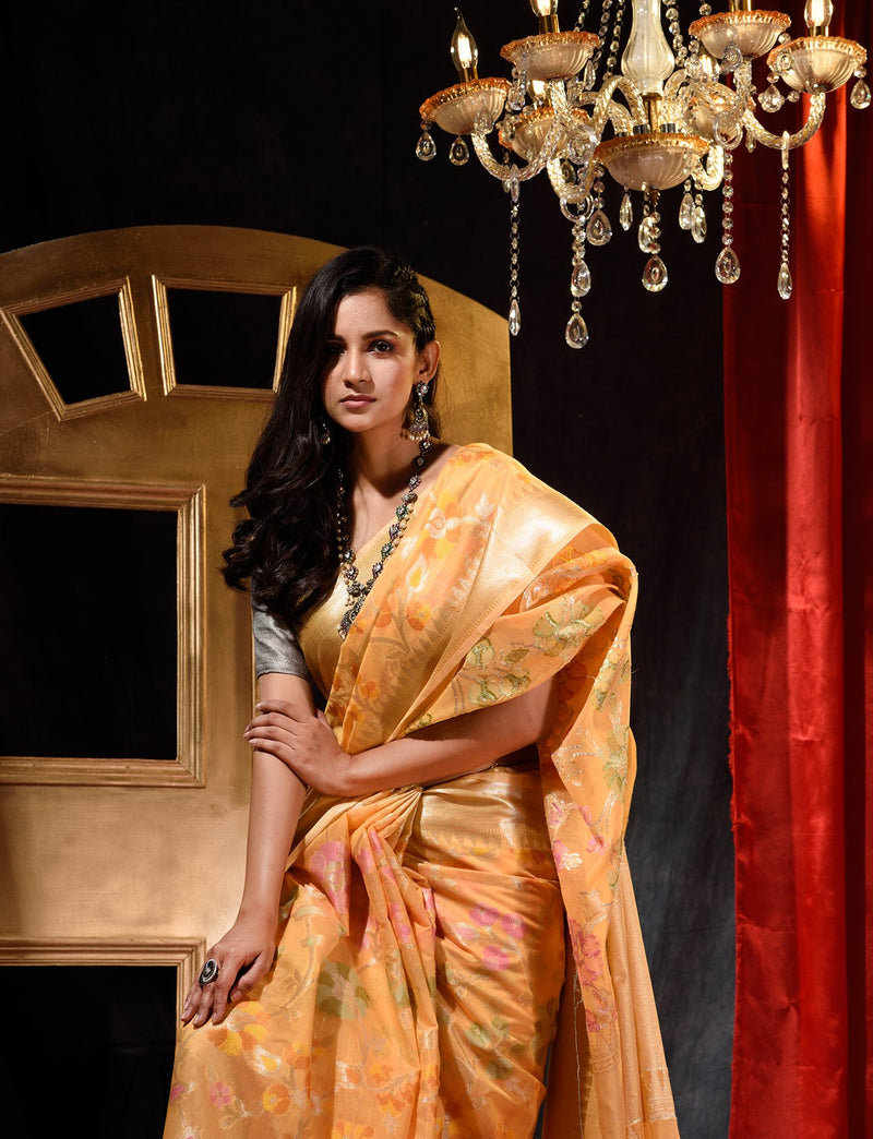 Handwoven Orange Shade With Tilfi Meena Weave Cotton Silk Saree And Beautiful Jacquard Weave Floral Design Body And Zari Weave Pallu And Border