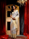 Metallic Silver With Gold Border Tissue Silk Solid Weave Saree And Contrast Pallu