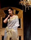Metallic Silver With Gold Border Tissue Silk Solid Weave Saree And Contrast Pallu