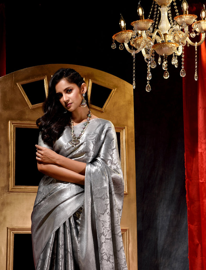 Grey with Silver Pattu Silk Saree with All Over Beauthful Floral Jacquard Weave Design