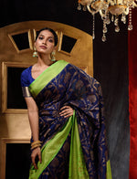 Navy Blue With Parrot Green Dupion Silk Banarasi Saree With Jacquard Weave Floral Body And Beautiful Border