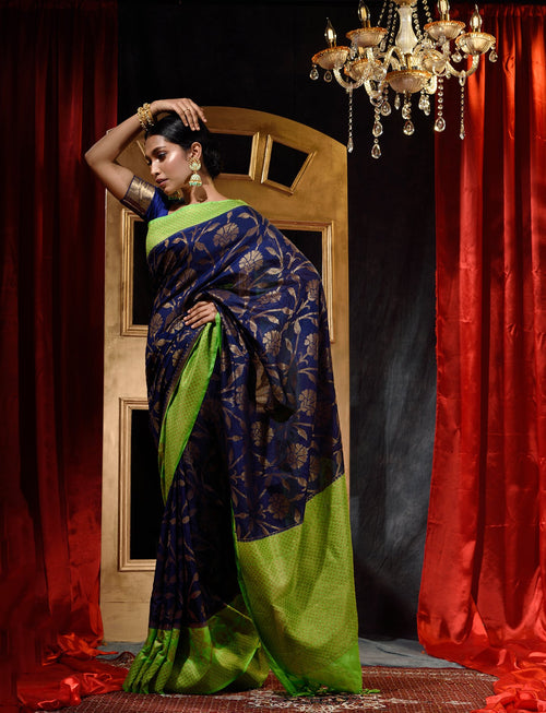 Navy Blue With Parrot Green Dupion Silk Banarasi Saree With Jacquard Weave Floral Body And Beautiful Border