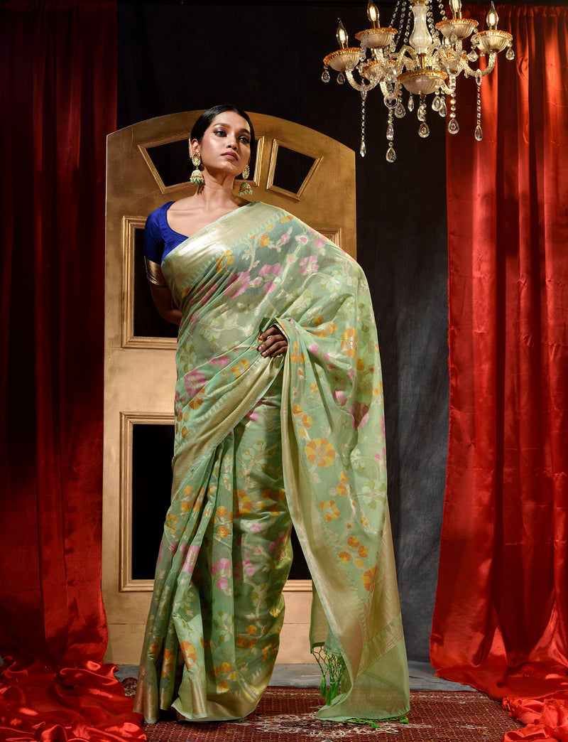 Handwoven Mehandi Shade With Tilfi Meena Weave Cotton Silk Saree And Beautiful Jacquard Weave Floral Design Body And Zari Weave Pallu And Border
