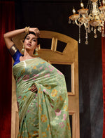 Handwoven Pista Shade With Tilfi Meena Weave Cotton Silk Saree And Beautiful Jacquard Weave Floral Design Body And Zari Weave Pallu And Border