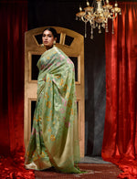 Handwoven Pista Shade With Tilfi Meena Weave Cotton Silk Saree And Beautiful Jacquard Weave Floral Design Body And Zari Weave Pallu And Border