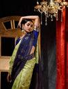 Pista Green With Navy Blue Dupion Silk Banarasi Saree With Jacquard Weave Floral Body And Beautiful Border