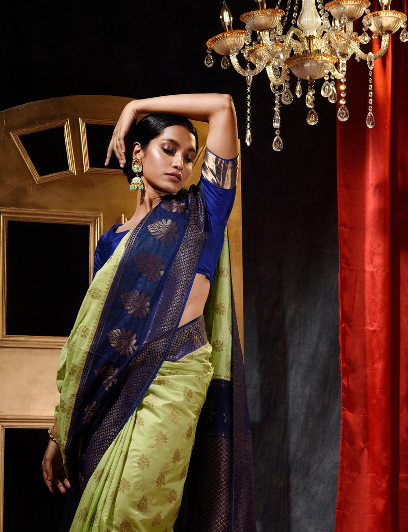 Pista Green With Blue Dupion Silk Banarasi Saree With Jacquard Weave Floral Body And Beautiful Border