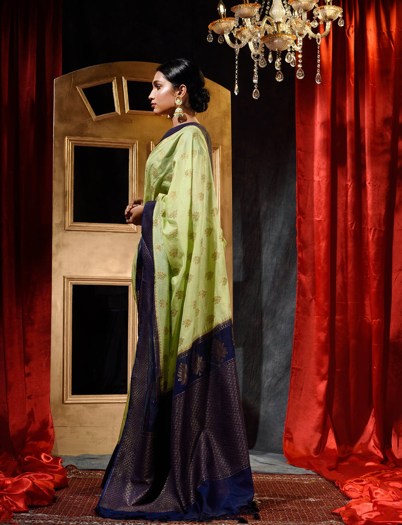 Pista Green With Blue Dupion Silk Banarasi Saree With Jacquard Weave Floral Body And Beautiful Border
