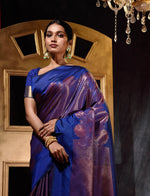 Royal Blue With Antique Zari Woven All Over Jacquard Weave Pattern Saree With Rich Brocade Pallu And Blouse And Knitted Tassle At Pallu