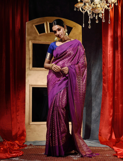 Violet With Antique Zari Woven All Over Jacquard Weave Pattern Saree With Rich Brocade Pallu And Blouse And Knitted Tassle At Pallu