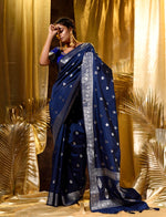 Navy Blue With Silver Zari Woven Banarasi Silk Saree With Beautiful Jacquard Woven Zari Buti And Border