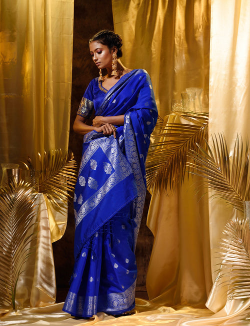 Blue With Silver Zari Woven Banarasi Silk Saree With Beautiful Jacquard Woven Zari Buti And Border