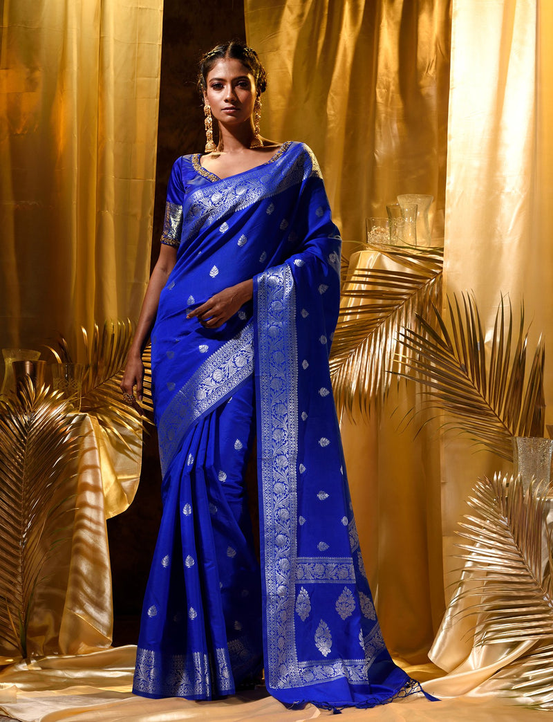 Blue With Silver Zari Woven Banarasi Silk Saree With Beautiful