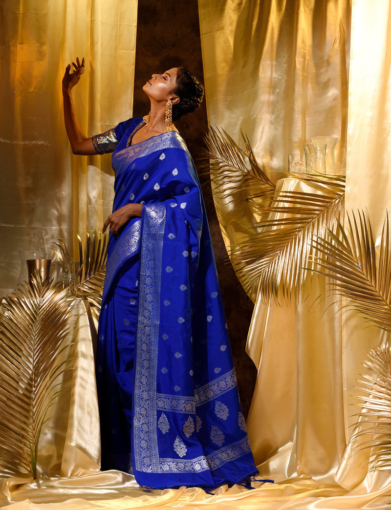 Blue With Silver Zari Woven Banarasi Silk Saree With Beautiful Jacquard Woven Zari Buti And Border