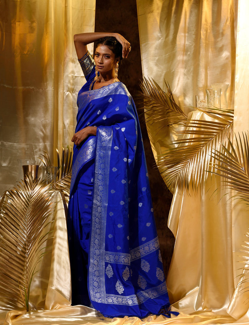 Blue With Silver Zari Woven Banarasi Silk Saree With Beautiful Jacquar -  House of Begum's